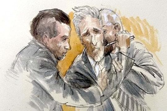 A courtroom sketch shows Ryan Routh trying to stab himself in the neck upon learning his guilty verdicts in the attempted assassination of Donald Trump (Lothar Speer)