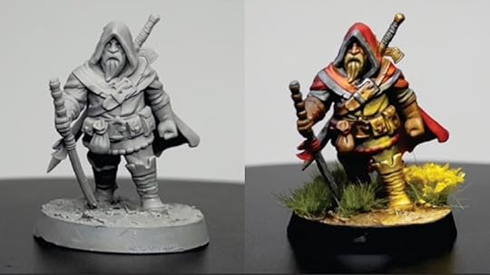 side by side image of resin mini before and after being painted