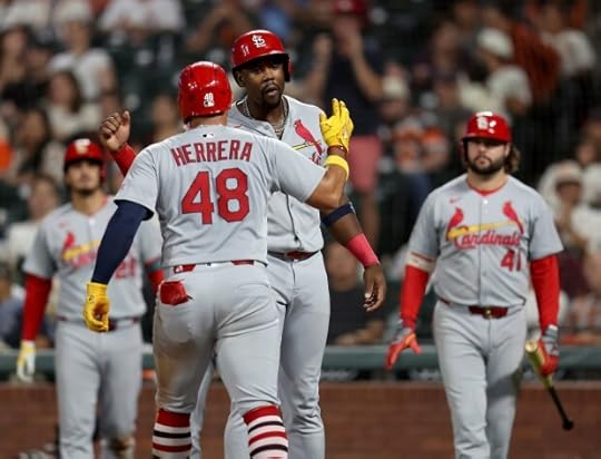 St. Louis Cardinals' Iván Herrera #48 is congratulated by Jordan Walker #18 after hitting three-run home run off San Francisco Giants relief pitcher Joey Lucchesi #57 in the seventh inning of their MLB game at Oracle Park in San Francisco, Calif., on Tuesday, Sept. 23, 2025. (Jane Tyska/Bay Area News Group)
