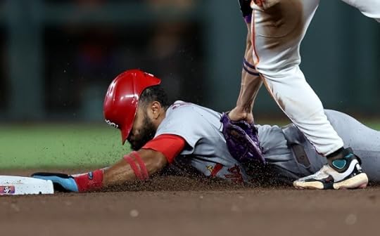 San Francisco Giants shortstop Willy Adames #2 tags out St. Louis Cardinals' Victor Scott II #11 on a steal attempt in the fourth inning of their MLB game at Oracle Park in San Francisco, Calif., on Tuesday, Sept. 23, 2025. He was initially called safe and after the play was reviewed he was called out. (Jane Tyska/Bay Area News Group)