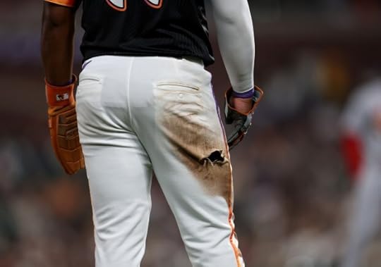 A rip is seen in the pants of San Francisco Giants' Heliot Ramos #17 in the fourth inning of their MLB game against the St. Louis Cardinals at Oracle Park in San Francisco, Calif., on Tuesday, Sept. 23, 2025. (Jane Tyska/Bay Area News Group)
