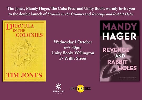 Image version of the launch details included in this post, showing the covers of Dracula in the Colonies and Revenge and Rabbit Holes