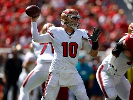 San Francisco 49ers starting quarterback Mac Jones (10) throws against the Arizona Cardinals in the second quarter at Levi's Stadium in Santa Clara, Calif., on Sunday, Sept. 21, 2025. (Nhat V. Meyer/Bay Area News Group)