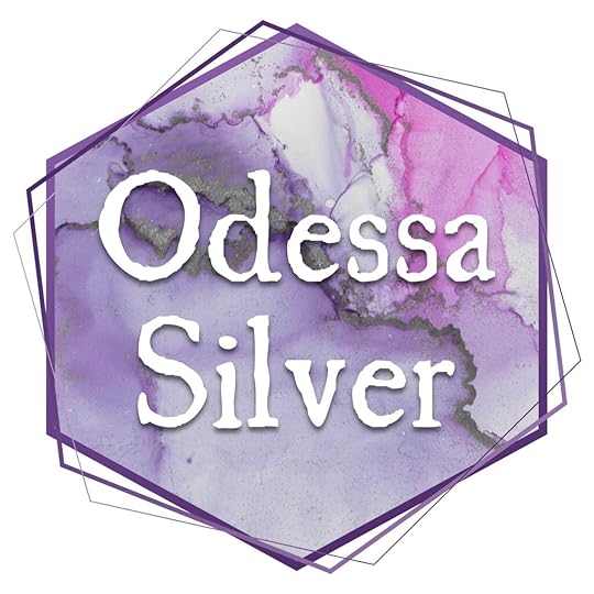 A hexagon with a vertex/corner upright in a dark purple. Inside the hexagon is a background of purples, pinks, and greys. There is white text which says Odessa Silver.