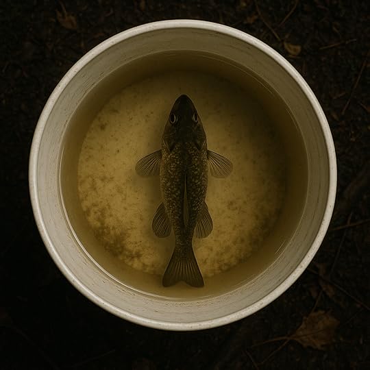 A top-down view of a green sunfish swimming in murky water inside a white bucket.