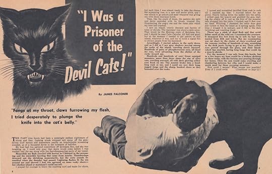First two pages of Harry Harrison's article 'I Was a Prisoner of the Devil Cats' from the June 1957 issue of 'Sport Adventure' magazine.