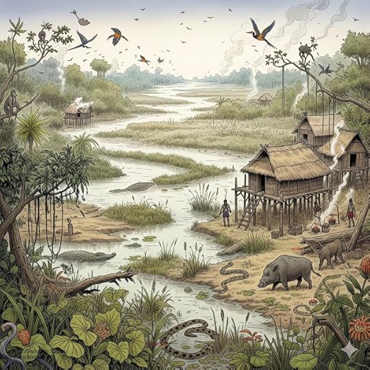 "Marshlands of Khara formed by river Girika, featuring shallow pools, tall grasses, and exotic wildlife in a treacherous wetland landscape."