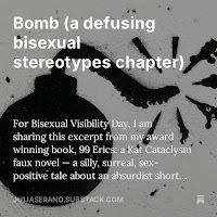 Substack promotional image for “Bomb (a defusing bisexual stereotypes chapter)” which includes graffiti of an old-fashioned spherical bomb with a lit fuse