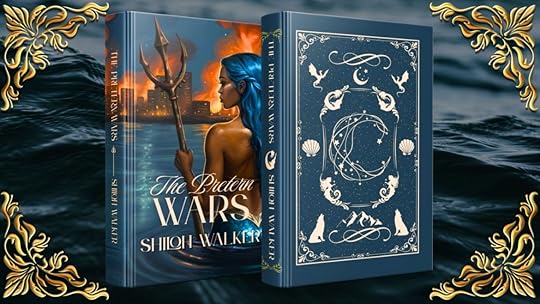 mockup for a foiled hardcover dust jacket for The Pretern Wars and the case underjacket that will go beneath it