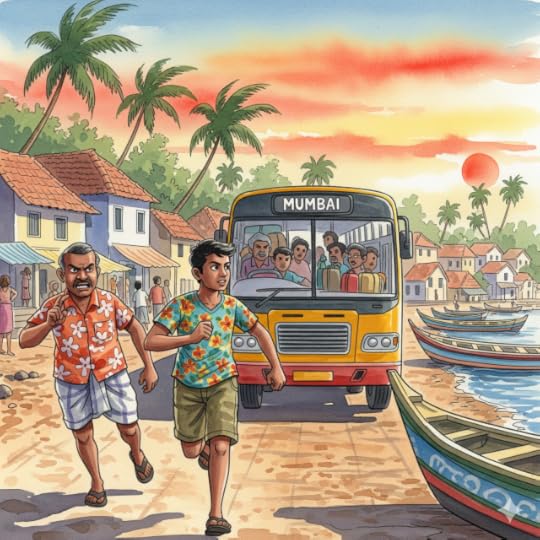 A young man sprints through a dusty lane in a rustic fishing village in Goa, his face etched with urgency and fear. In the background, his abusive father charges after him, rage contorting his features. The son races toward a waiting Mumbai-bound bus, the vehicle symbolizing escape, hope, and the unknown future ahead.