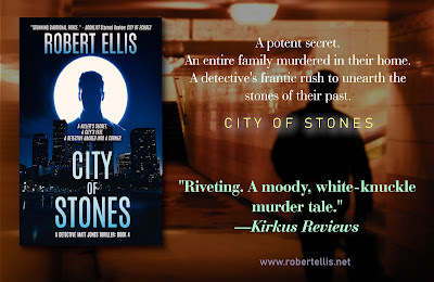 Poster image of ‘City of Stones’ by Robert Ellis, Book 4 in the Detective Matt Jones thriller series, including the book jacket, a dramatic image of the sun rising over the palm trees in Los Angeles signifying the edge-of-your-seat suspense, along with the poster that includes a photograph of Matt Jones frantically chasing a killer through a subway station, along with the words and quote from Kirkus Reviews, “Riveting. A moody, white-knuckle murder tale.” Also included is the author’s website address, www.robertellis.net.