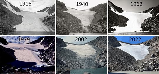 Colorado State University professor and glaceologist Dan McGrath compiled these photos from the National Snow and Ice Data Center showing changes over the years at Andrews Glacer. 1916 Willis Lee/NSIDC; 1940 Paul Nesbit/NSIDC; 1962 C.B. Harris/NSIDC; 1979 and 2002: Russell Allen/NSIDC; 2022 McGrath.
