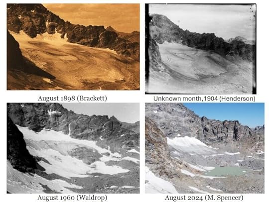 University of Colorado-Boulder PhD candidate Millie Spencer compiled these photos showing changes at Arapaho Glacier over time. The photos from the National Snow and Ice Data Center are from 1898 (Brackett); 1904 (Henderson); 1960 (Waldrop); and 2024 (Spencer).