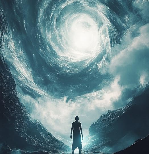 A silhouette of a person standing in a mystical landscape with swirling clouds and light emanating from a vortex above.