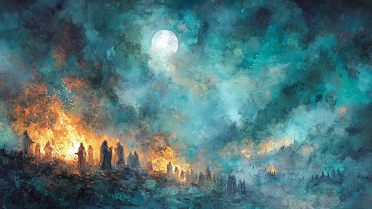 Samhain bonfire on a misty hillside