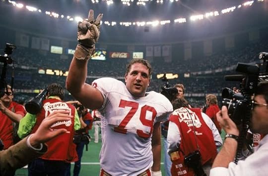 Tackle Harris Barton #79 of the San Francisco 49ers celebrates after the 49ers 55-10 win over the Denver Broncos in Super Bowl XXIV at Louisiana Superdome on Jan. 28, 1990 in New Orleans, Louisiana. (Photo by George Rose/Getty Images)