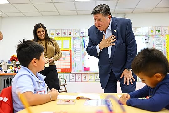 Gov. J.B. Pritzker speaks with kindergarten student at Prairie Oak...