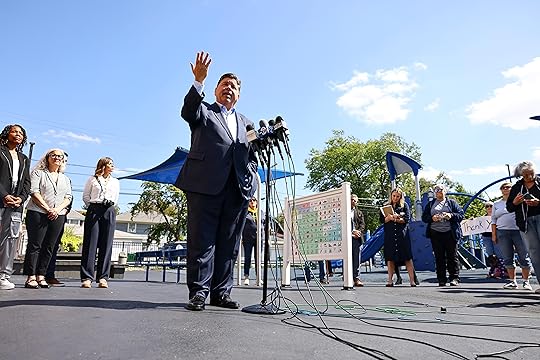 Gov. JB Pritzker speaks with reporters after visiting Prairie Oak...