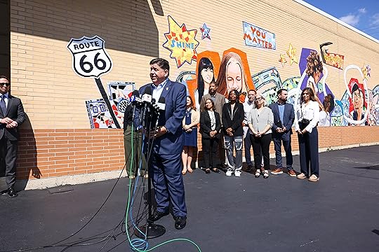 Gov. JB Pritzker speaks with reporters after visiting Prairie Oak...
