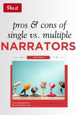 Pros and cons of single vs. multiple narrators in novels – writing tips graphic with row of vintage microphones.