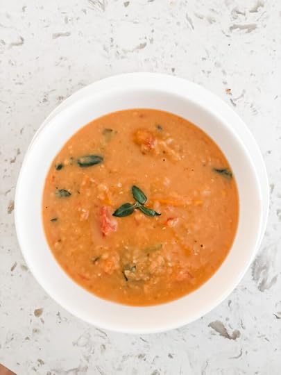 The finished Creamy Lentil and Tomato Slow Cooker Soup in a bowl