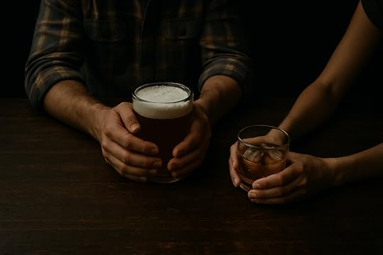 Two hands holding drinks on a wooden table: one hand grips a tall glass of beer, while the other holds a short glass with ice.