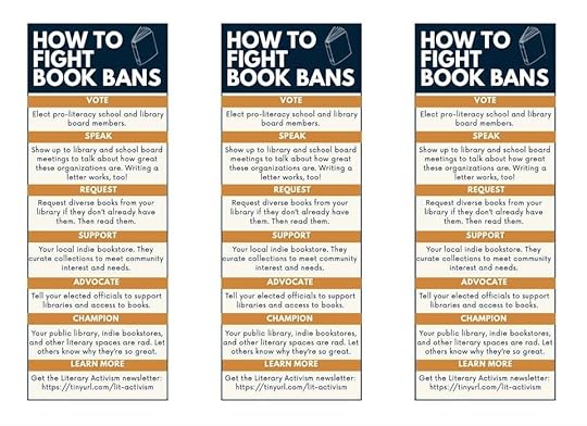 Image of three bookmarks side by side. They're black at the top with the words "how to fight book bans" and an outline of a book in white. Below are seven one-word ways to fight back against book bans, with short explanations beneath them of why those actions matter.