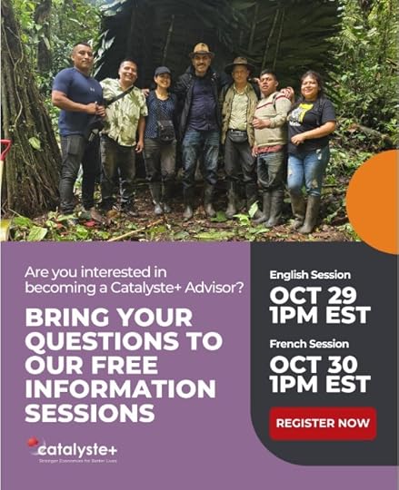 Image promoting Catalyst+ information sessions, featuring a group of people in a forested area with details about English and French sessions scheduled for October 29 and 30.