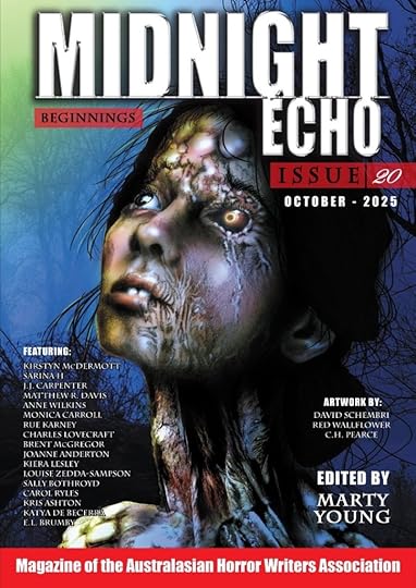 Cover of Midnight Echo 20, artwork created by David Schembri. The image depicts the head and shoulders of a young woman with her features slowly rotting, possibly in the throes of a hideous disease. She is staring up at the sky as though salvation may yet come.