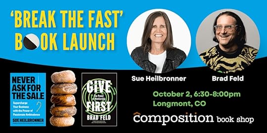 'Break the Fast' book launch event featuring authors Sue Heilbronner and Brad Feld, with book covers in the foreground and event details including date and location.