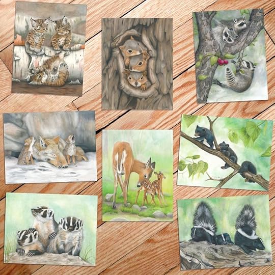 eight notecards each featuring different baby wild animals: badger, bear, bobcat, coyote, deer, raccoon, skunk, and squirrel