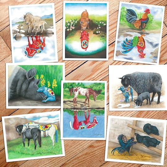 art cards of farm animals with swedish dala designs