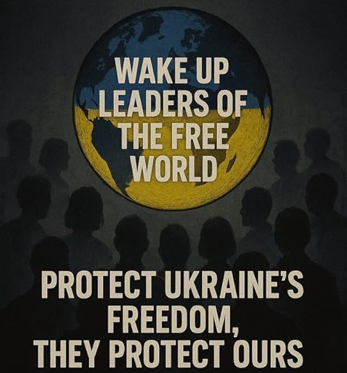 A stylized globe divided into blue and yellow sections, resembling the Ukrainian flag, centered above silhouetted figures of people in a dark audience. Text overlay reads 