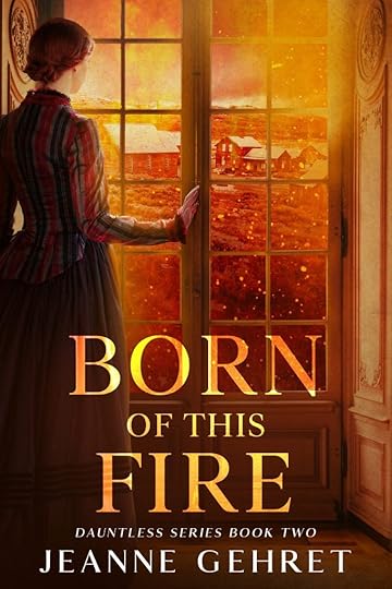 Book cover with Victorian woman standing in window looking at town burning 
