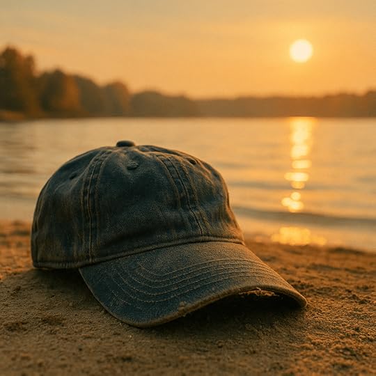 A baseball cap resting on sandy shore near a lake during sunset, with soft golden light reflecting off the water.