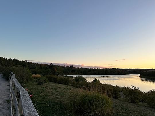 River, garden, evening sky