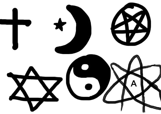 Illustration of various religious symbols including a cross, crescent moon, pentagram, Star of David, yin-yang, and an atom symbol with an 'A' for atheism.