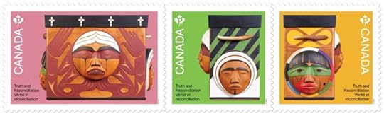 Three Canadian stamps commemorating the National Day for Truth and Reconciliation, featuring the Bentwood Box design as a tribute to Survivors, symbolizing healing and hope.