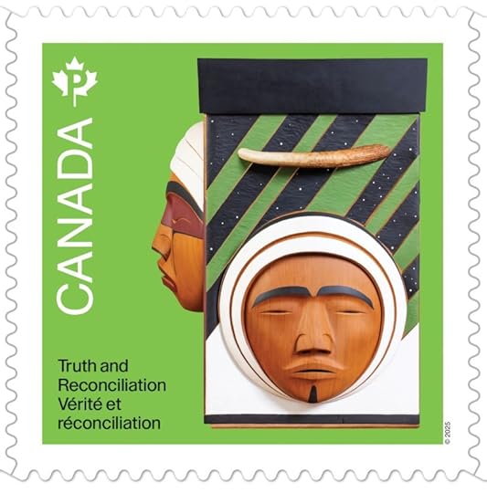 A commemorative stamp by Canada Post featuring the Bentwood Box by artist Luke Marston, symbolizing Truth and Reconciliation with Indigenous peoples.