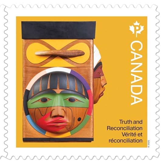 A commemorative stamp featuring the Bentwood Box by artist Luke Marston, highlighting themes of truth and reconciliation, with colorfully designed faces and an infinity symbol.