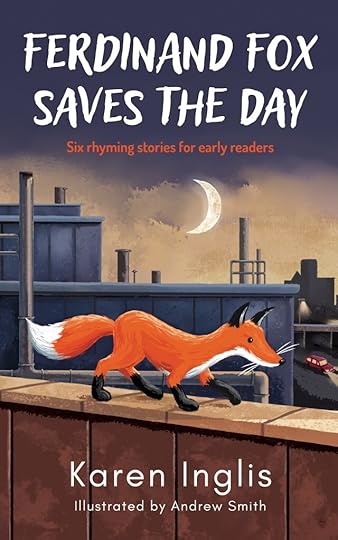 Fox trotting across a building ledge late at night
