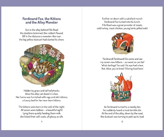 Illustration from 'Ferdinand Fox, the Kittens and the Alley Monster' showing Ferdinand Fox with kittens and a background of flowers.