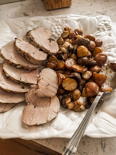 The roast pork and veggies out of the overn