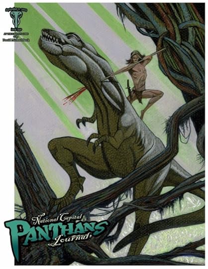 Cover of Panthans Journal #340. Art is done by David Michael Beck. It depicts Tarzan stabbing a dinosaur (A T-rex?) through the next with a spear, while the dinosaur stands atop a tree of roots and vines.