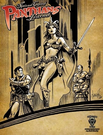 Cover of Panthans #341 by Mark Wheatley. It's monochrome - black and brown. It shows Dejah Thoris in the center holding a sword and being her John Carter and a 4 armed alien. Behind them are the silhouettes of a city full of towers.