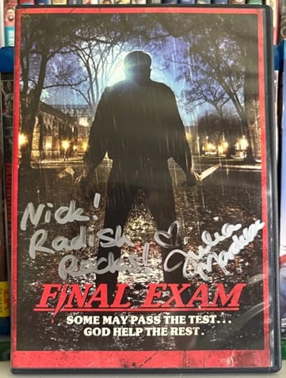 Standard black DVD case. Artwork show a silhouette of a person holding a knife standing in front of a campus. In silver ink it is signed 