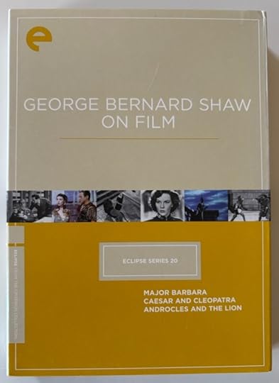 DVD boxset of three movies from George Bernard Shaw (Major Barbara, Caesar and Cleopatra, and Androcles and the Lion). The boxset's top is light orange, the bottom is dark orange. There is a ribbon of stills from the movies in the center.
