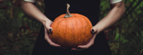 Woman in a black dress holding an orange pumpkin