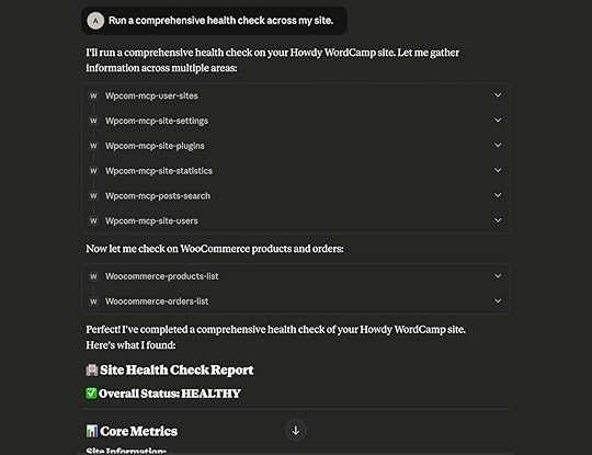 A screenshot of Claude Desktop running MCP tools when connected to a WordPress.com website