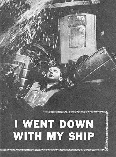 Photograph of a man inside a sinking ship with the article title 'I Went Down with My Ship' From Men magazine January 1956